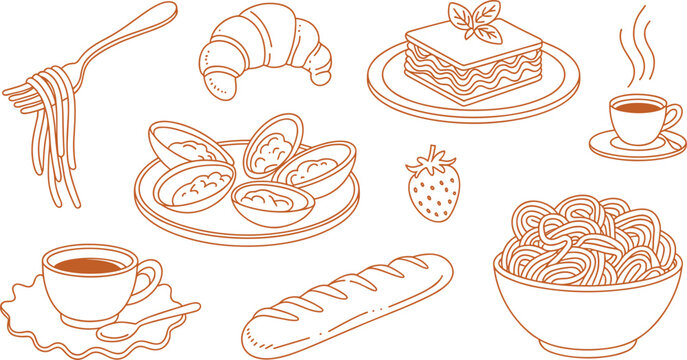 Italian food line art vector illustration set with pasta coffee bread lasagna and seafood elements
