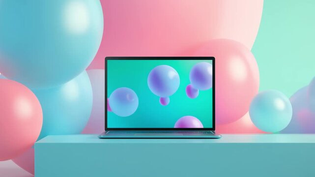 A laptop shows abstract bubbles on a bright background while large balloons surround a table in a modern setting