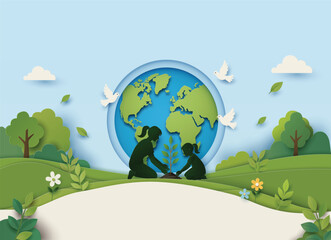 Naklejka premium World Environment Day Mother and Daughter Paper Cut Illustration