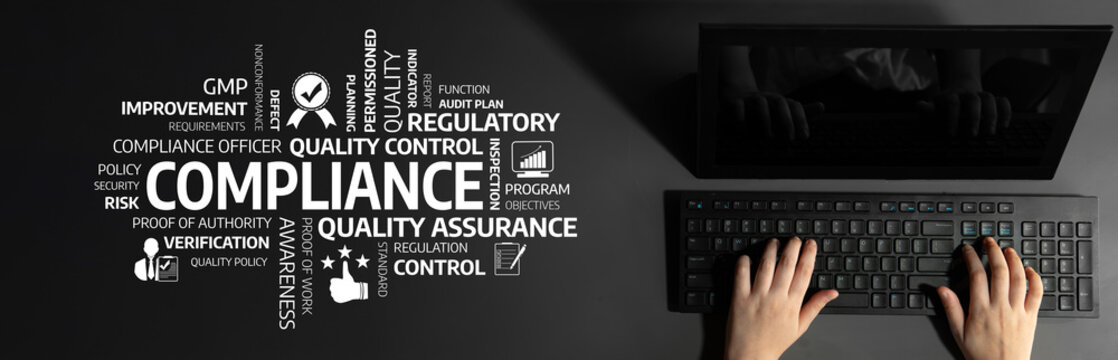 A person typing on a sleek black keyboard, surrounded by key terms related to compliance and quality control, emphasizing business and regulatory themes. Tessel