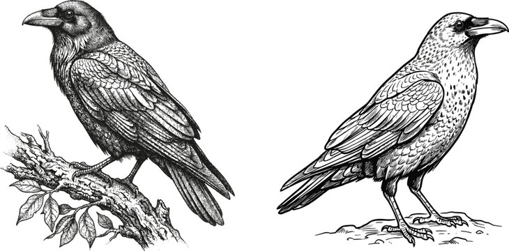 Detailed black raven and crow vintage engraving vector illustration, hand drawn gothic birds perched on branch and ground, isolated monochrome wildlife artwork