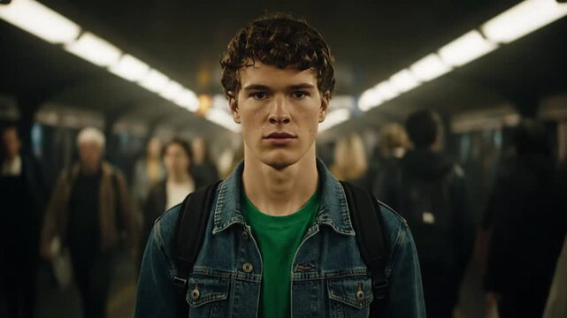 Young man in crowded subway looking ahead.