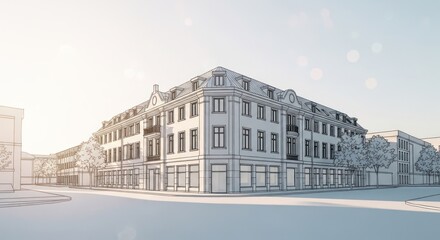 Fototapeta premium Architectural Rendering of a EuropeanStyle Corner Building Facade.