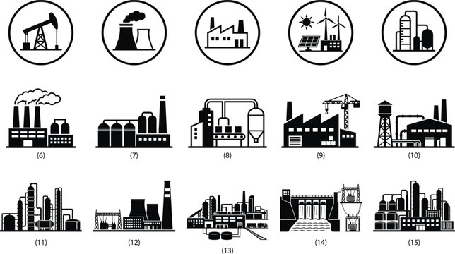 Industrial factory and energy production vector icon set, oil pump, power plant, refinery, dam and renewable energy industry symbols, black silhouette illustration