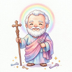 Obraz premium A smiling elderly man with a white beard and halo holds a cross staff and keys, surrounded by scattered keys and stars.