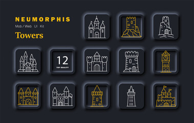 Naklejka premium Towers architecture set icon. Castle fortress tower clock building medieval structure minimal neumorphic outline style dark theme soft shadow UI design.