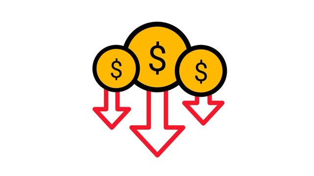 Cost reduction icon with three gold coins and red downward arrows, financial crisis and price drop concept, isolated on white background