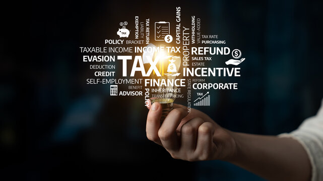 A creative representation of tax and finance principles, showcasing key terms like deduction, refund, and advice, with a hand holding a lightbulb on a dark background. Tessel