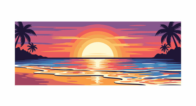 Vibrant pixel art sunset over a tranquil ocean with palm trees