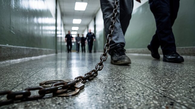 Law Enforcement Officers Escorting Inmates Through Prison Corridor
