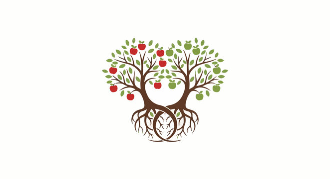Two intertwined apple trees with mature roots and fruits, green and red