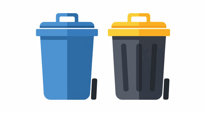 Two bins, one blue, one grey with yellow lid, on white background