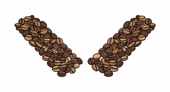 Two clusters of pixelated, hand-drawn coffee beans are arranged in a symmetrical, downward-pointing 'V' shape against a white background