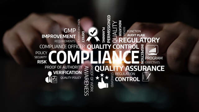 Abstract concept featuring text clouds related to compliance and quality control. Focus on risk management, regulatory standards, and important documentation terms for businesses. Tessel