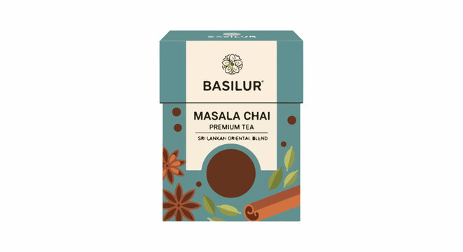 Tea box with oriental spices, a floral emblem, and text