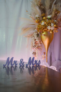 Elegant Mr and Mrs Wedding Decoration with Pink Floral Styling