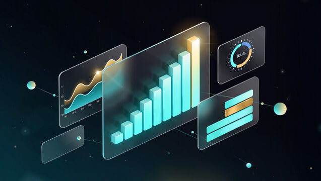Premium glassmorphism dashboard with floating bar chart line graph gauge meter and KPI cards on dark background, SaaS analytics concept, editorial B2B technology background with copy space