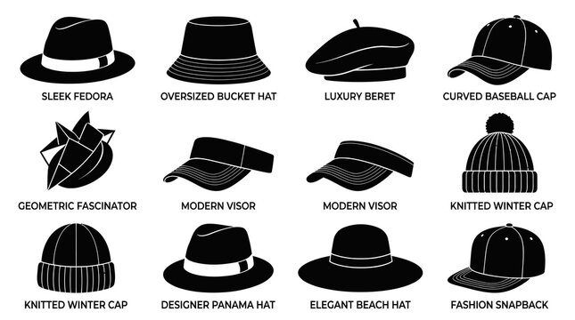 Trendy Types of Hats and Headwear Black Glyph Silhouette Set