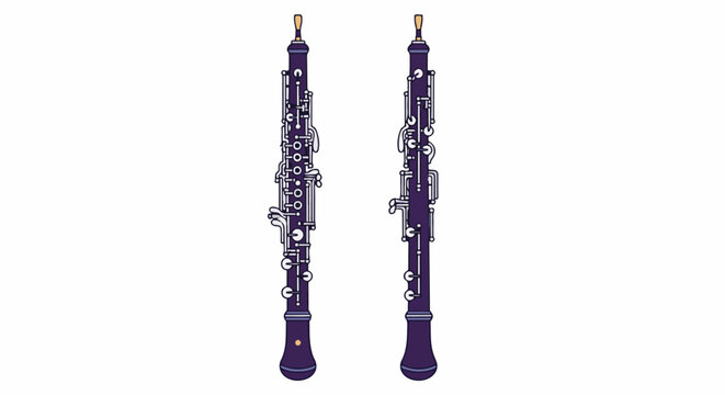 Two detailed, flat-design illustrations of dark purple oboes stand side-by-side on a white background