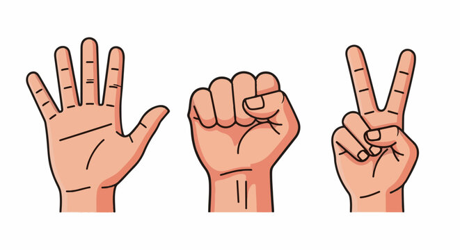 Three human hands showing open palm, clenched fist, and peace sign gestures
