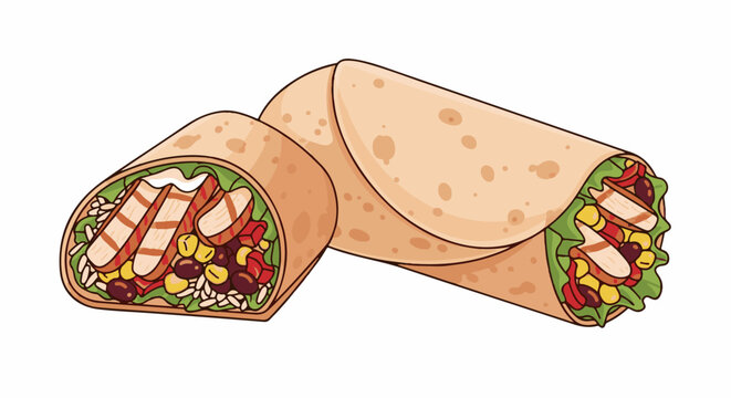 Two delicious cartoon burritos, one sliced, filled with grilled chicken, rice, beans, corn, and lettuce