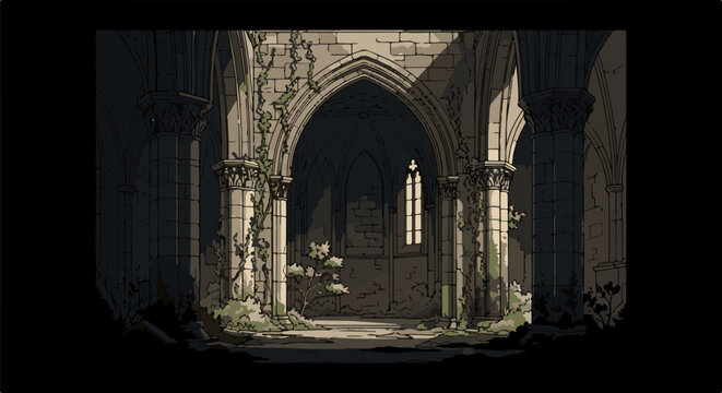 Sunlit ruins of a gothic church interior, overgrown with vines and foliage