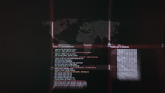 Cyberpunk-themed command line interface on a background of pixelated world map