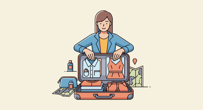 Woman packing an open suitcase with folded clothes and travel accessories