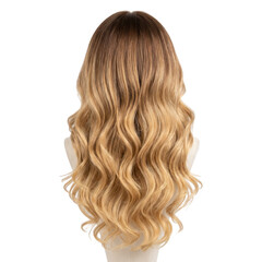 Naklejka premium Back view of a long wavy ombre wig with dark roots and blonde hair on a mannequin head isolated on transparent background