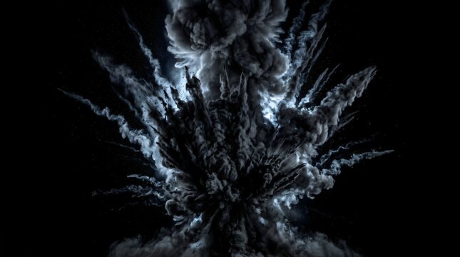 Dramatic Dark Smoke Explosion Cloud Bursting Outwards Against Black Background