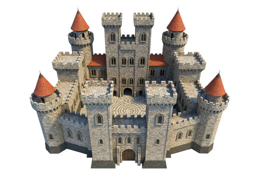 Magnificent stone castle with red roofs and towers isolated on a transparent background.