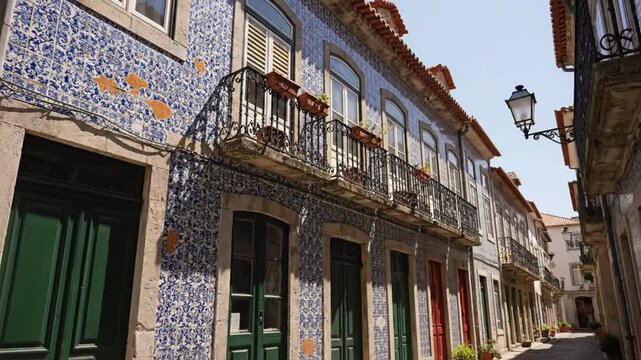 Cobblestone alleyway with vibrant azulejo tile facades, wrought iron balconies, and charming doorways in Portugal