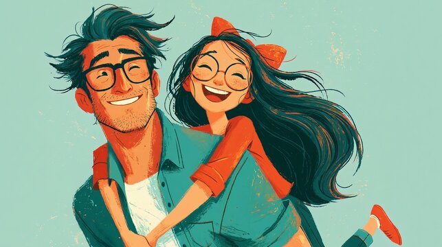 A happy man carrying a smiling girl on his back in a playful pose together
