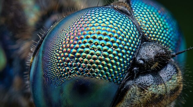A close-up shot of a fly's compound eye with intricate patterns and colors in a dark environment.