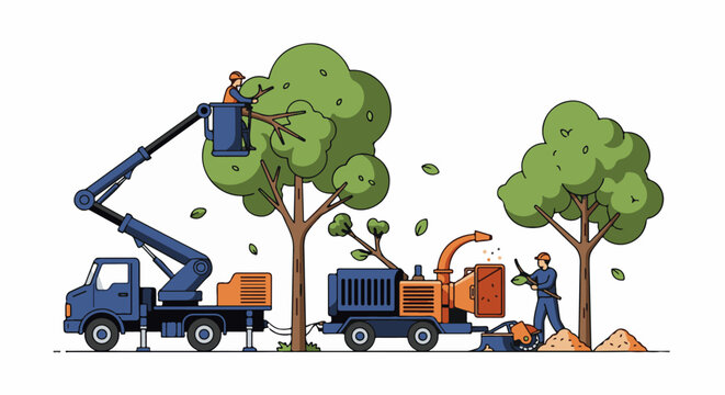Workers using a cherry picker and chipper to trim trees
