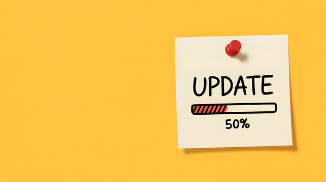 A white note with update text and progress bar on a yellow background