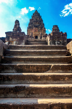 Bakong Temple Central Tower with Stone Stairs, Siem Reap, Cambodia