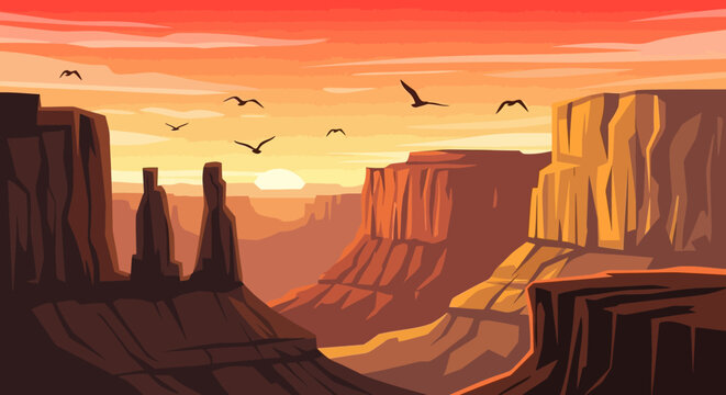 Majestic Grand Canyon landscape at sunset with soaring birds.