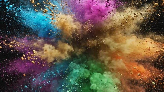 Exploding colorful powder creating vibrant artistic design bursting outwards with black background.