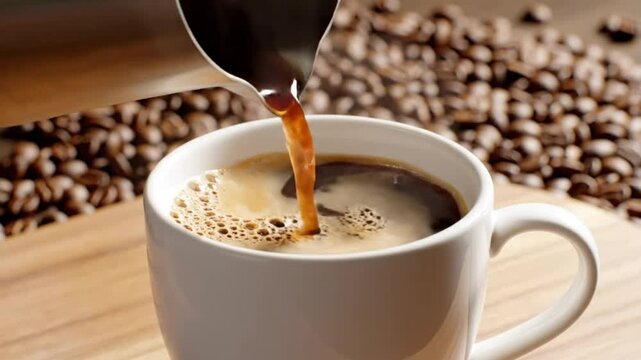 Brewing Fresh Coffee Into White Mug with Roasted Beans in the Background for Morning Refreshment