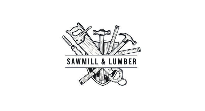 Vintage Sawmill & Lumber Logo with Tools
