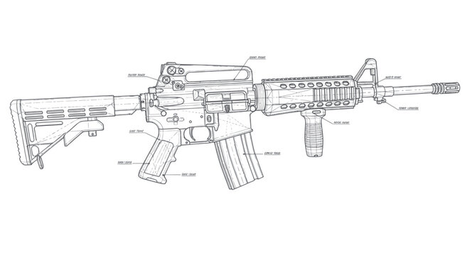 AR-15 Rifle Blueprint - Detailed Technical Drawing with Labels