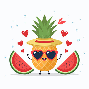 Cute Pineapple Character with Watermelon Slices and Hearts