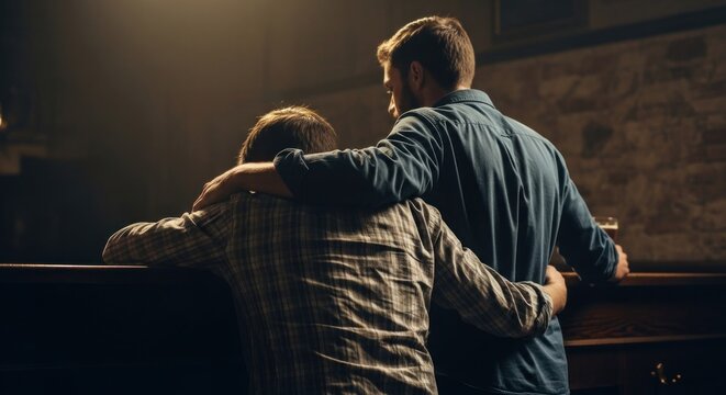 Two men embracing in a dimly lit bar showing support and camaraderie.