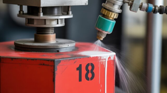 Automated industrial machine spray painting a red metal component with white coating