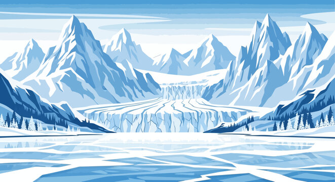 Majestic Glacier Landscape with Towering Ice Mountains and Frozen Lake.
