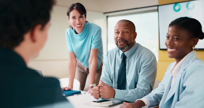 Meeting, briefing or manager with team in marketing agency, consumer demographic or campaign objective. Talk, people or brand director with project guidelines for planning, smile or explain kpi goals