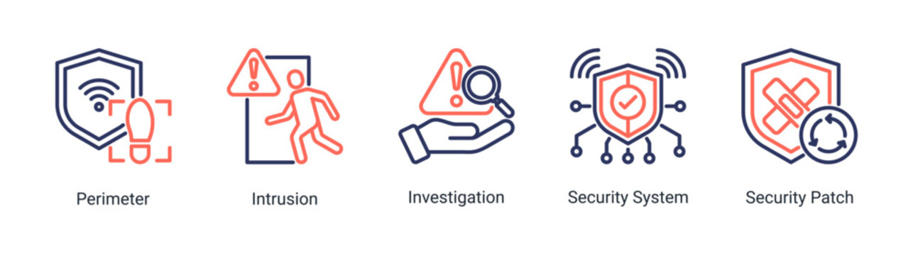 Security System icon set vector illustration with intrusion,investigation,and security patch icons for monitoring and protection systems.