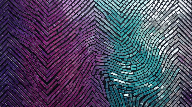 Abstract background of purple and teal mosaic tiles arranged in a wavy herringbone pattern