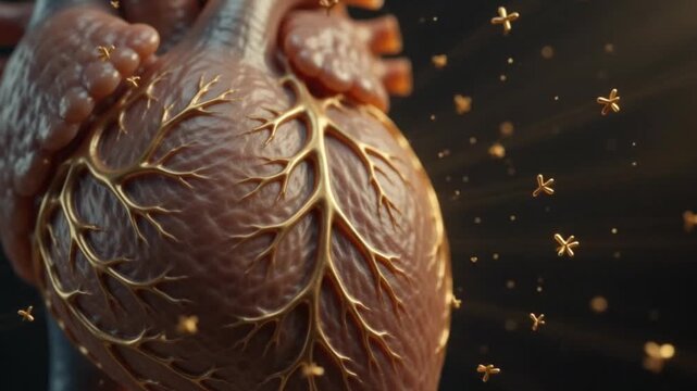 3D Beating Human Heart With Kintsugi Golden Veins And Floating Antibody Particles For Premium Cardiology And Immunology Concept